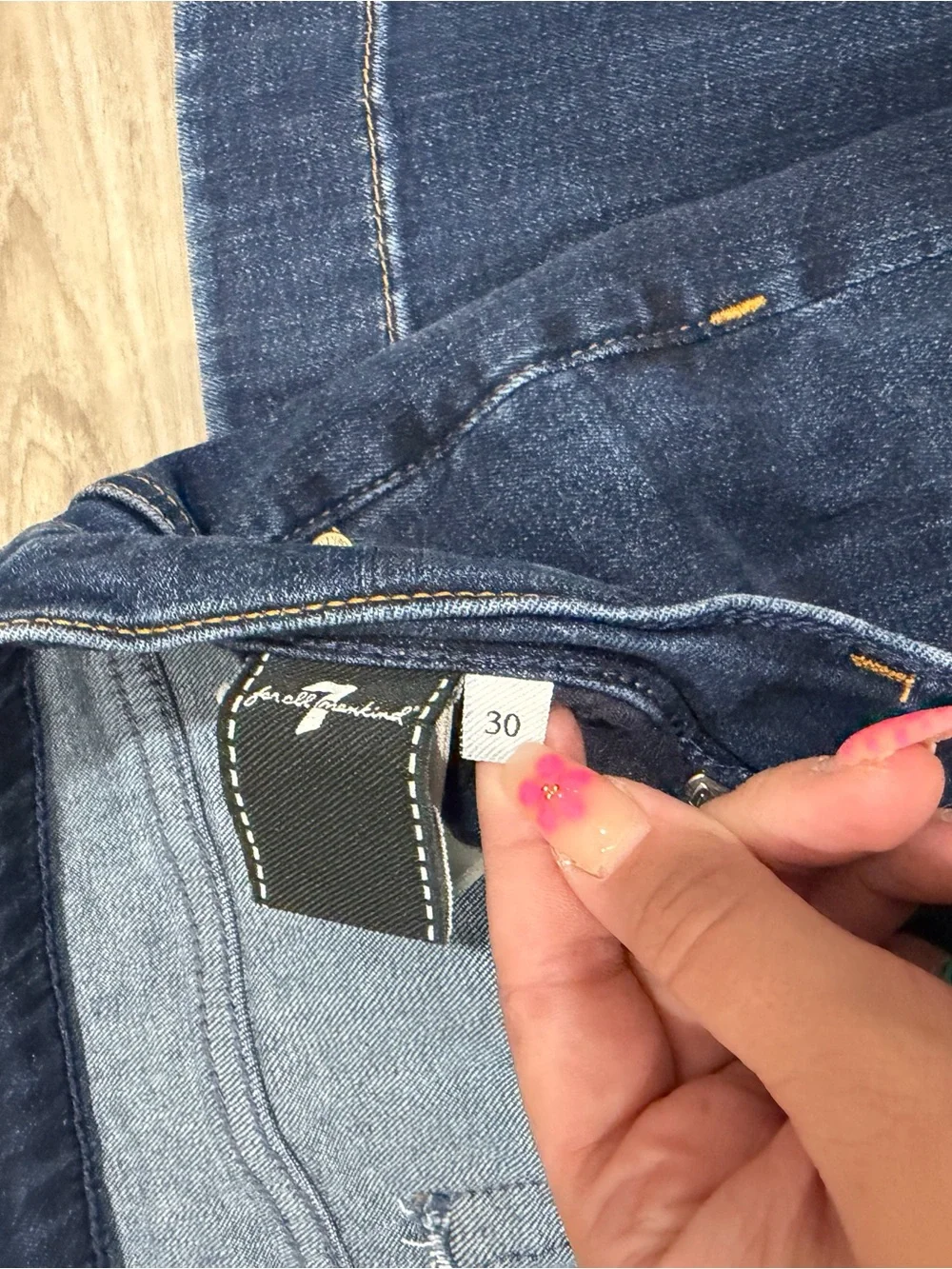 7 For All Mankind Dark Blue Wide Leg Jeans with Gold Stitching